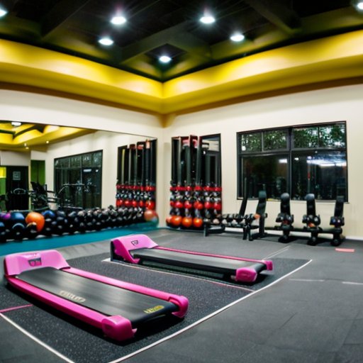 Современный тренажерный зал с яркими секциями для кардио, силовых тренировок, йоги и HIIT.