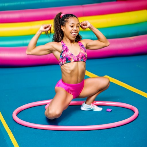 Яркая фитнес-сцена с разнообразными хула-хупами на энергичном фоне.