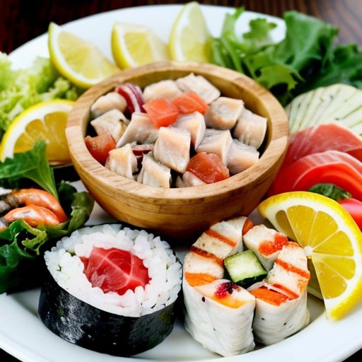 Яркая морская тарелка с блюдами из тунца на деревянном столе.