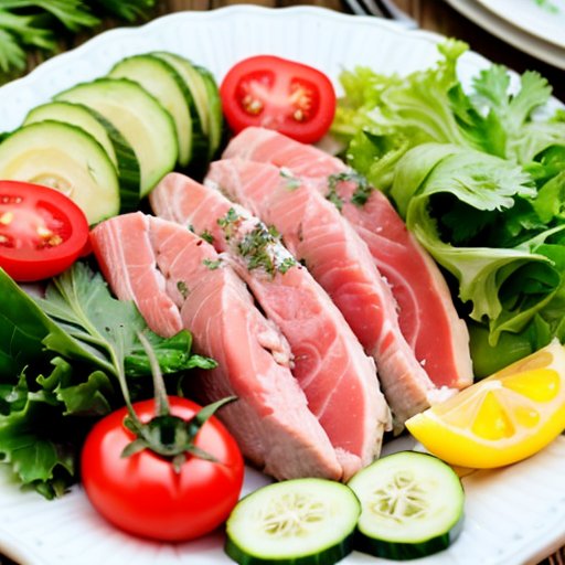 Тарелка с консервированным тунцом, свежими овощами и зеленью на деревянном столе.