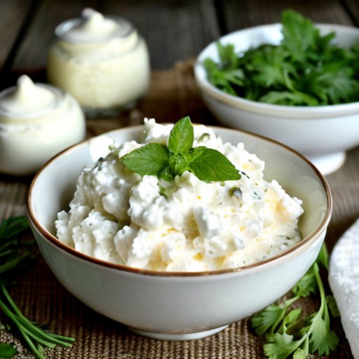 Деревянный стол с миской творога, тарелкой сметаны, свежими травами, орехами и стаканом молока в яркой кухне.