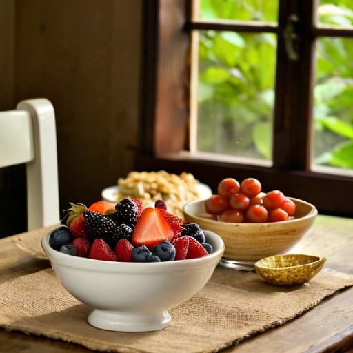 Завтрак на деревянном столе: творог с фруктами, мед, орехи и йогурт на фоне утреннего света.