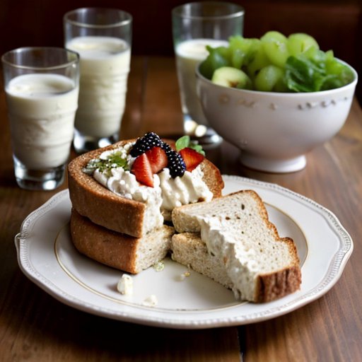 Деревянный стол с разнообразными блюдами из творога: свежий творог с фруктами, намазка на хлебе и смузи с ягодами, окруженные зеленью и стаканом молока.