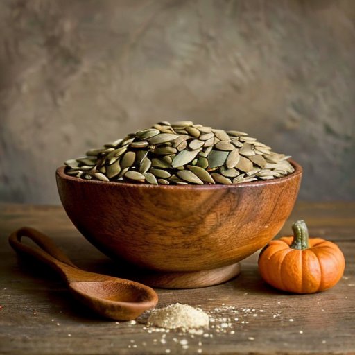Деревянная чаша с зелеными семечками тыквы на фоне натуральной обстановки и плана похудения.