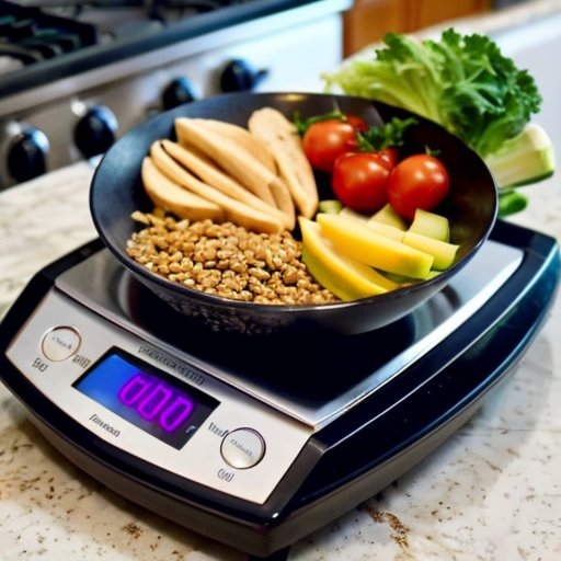 Организованная кухня с полезной едой, весами, мерными чашками и блокнотом для учета калорий.