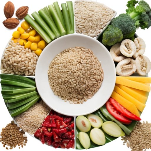 Сбалансированная тарелка с яркими продуктами: злаки, белки и овощи.