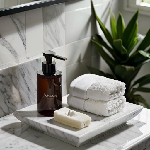 Современный набор для бритья в спокойной ванной: бритва, крем и лосьон на мраморной столешнице.