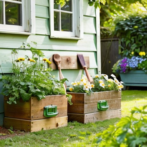 Солнечный сад с зелеными укропом и петрушкой, деревянный ящик и инструменты.
