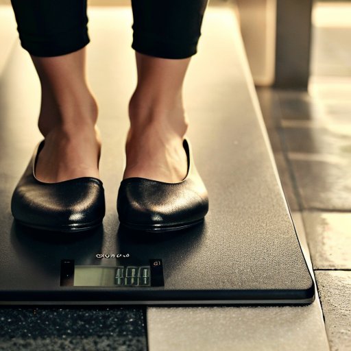 Современные умные весы на минималистичном полу ванной с показателями здоровья и предметами для здорового образа жизни.