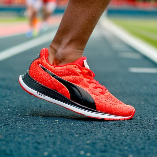 Современный кроссовок Puma на ярком легкоатлетическом треке, символизирующий скорость и технологии.