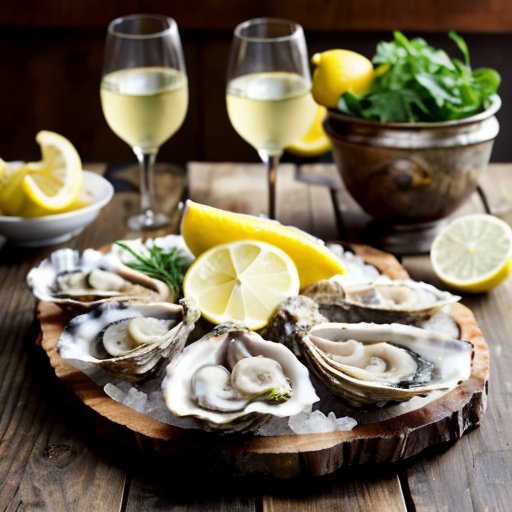 Изысканная тарелка устриц на деревянном столе с лимоном, зеленью и бокалом белого вина.