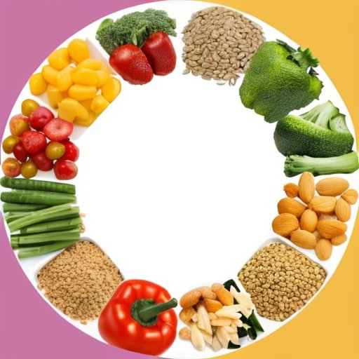 Сбалансированная тарелка с разнообразными продуктами и измерительными принадлежностями в яркой кухне.