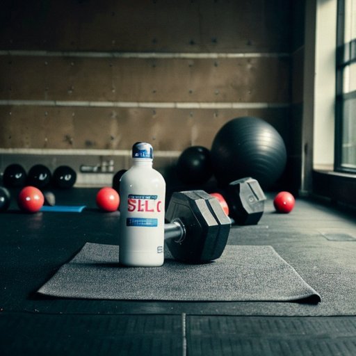 Парные утяжелители для ног на гимнастическом полу рядом с бутылкой воды, полотенцем и фитнес-матом в светлом тренировочном пространстве.