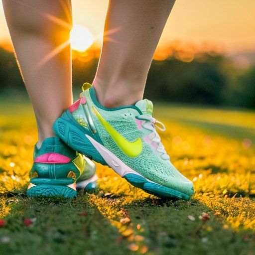 Утренний пейзаж с извивающейся дорожкой в парке, росой на траве и яркими цветами, с восходящим солнцем и элементами для бега.