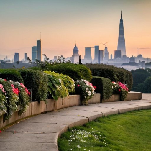 Утренний городской пейзаж с беговой дорожкой, зеленью и цветами. На скамейке кроссовки, бутылка воды и банан. Нежные пастельные тона неба и силу