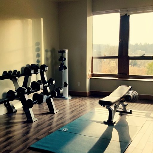 Утренний тренажерный зал с ковриком, гантелями и бутылкой воды у окна с видом на природу.