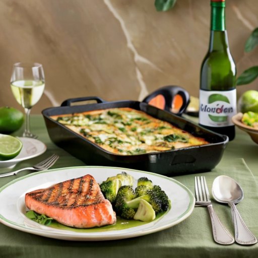 Уютный стол с низкоуглеводными блюдами: лосось с авокадо, курица с брокколи и омлет с шпинатом.