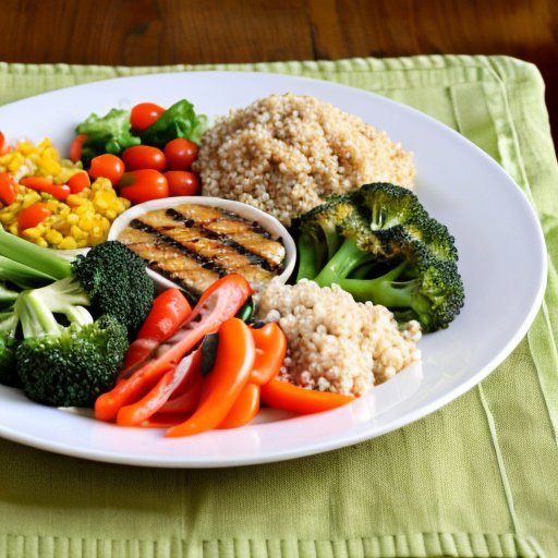 Здоровый ужин: курица, киноа, овощи и салат.