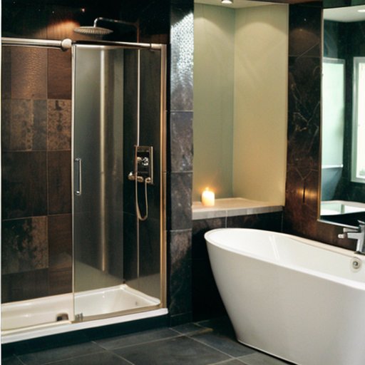 Сцена разделённой ванной: роскошная ванна с пузырями и свечами слева, современный душ с дождевым душем справа, символ экономии воды.