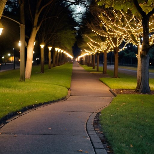 Спокойная дорожка для бега на закате, окруженная травой и деревьями, с кроссовками на пути и мягким светом фонарей.