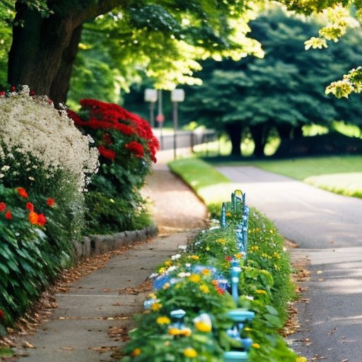 Велосипедная дорожка среди зелени и цветов с велосипедом и закусками.