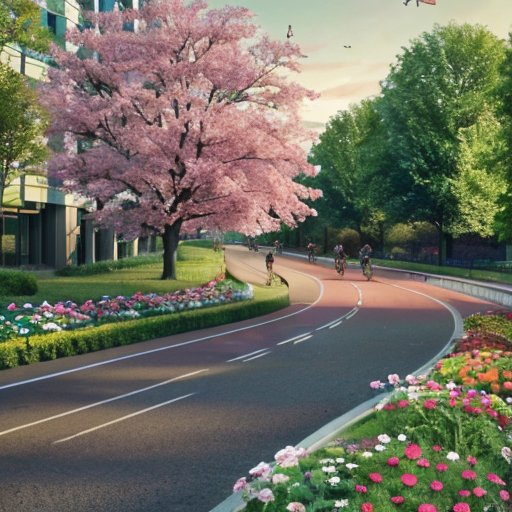 Городской пейзаж с велосипедными дорожками, зелеными насаждениями и безопасными знаками для велосипедистов.