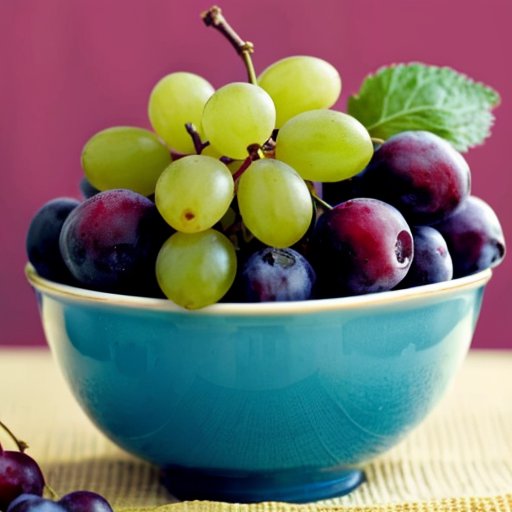 Чаша с виноградом, весы и измерительная лента на фоне чистой кухни, символизирующие здоровое питание и контроль веса.