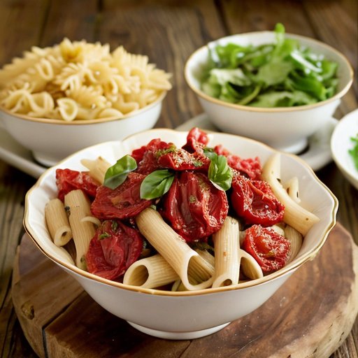 Деревянный стол с разнообразными сушеными помидорами, пастой, салатами и хлебом.