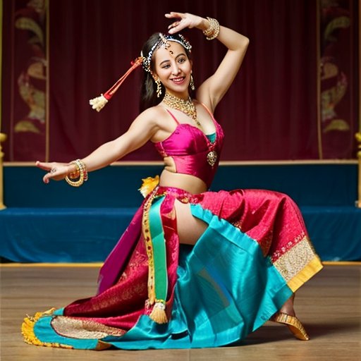 Изображение восточного танца с шелковыми тканями, традиционными инструментами и яркими цветами.