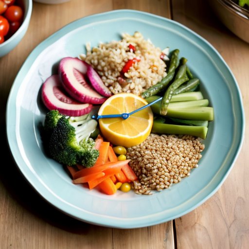 Яркая тарелка с разнообразными овощами, белками и злаками на фоне часов, подчеркивающих важность времени приема пищи.