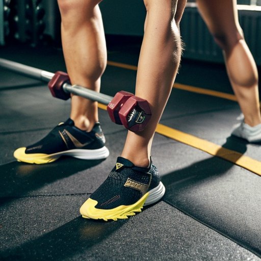 Современный тренажерный зал с гантелями на коврике и разметкой для выпадов.