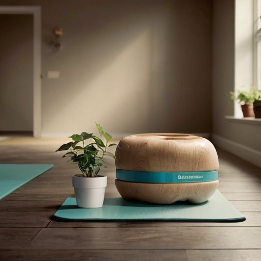 Спокойное пространство для йоги с ковриком, роллом и бутылкой воды, освещенное естественным светом и видом на зелень.