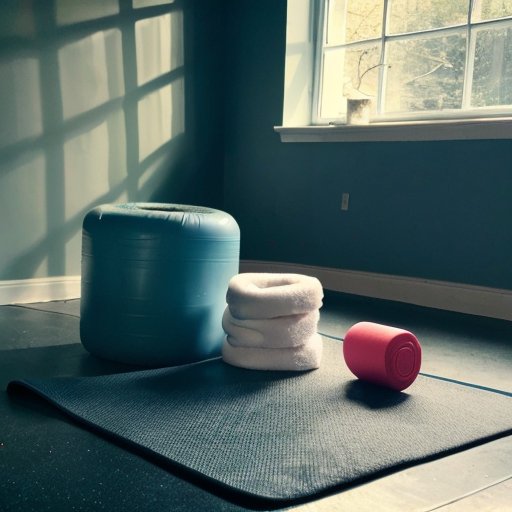 Спокойная обстановка в спортзале с йога-матом, роликом и эластичными лентами для растяжки.
