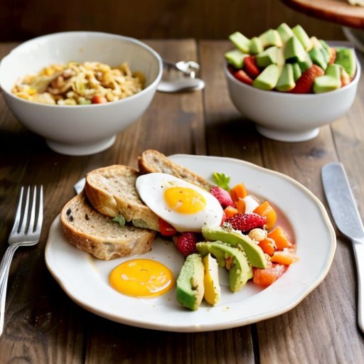 Яркий завтрак: омлет с овощами и сыром, тост с авокадо и яйцом пашот, овсянка с фруктами и орехами, свежий сок на деревянном столе.