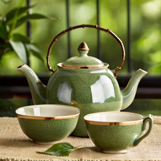 Уютный чайный сервиз с чайником и чашками на фоне зелёных чайных листьев и природных элементов, символизирующих спокойствие и здоровье.