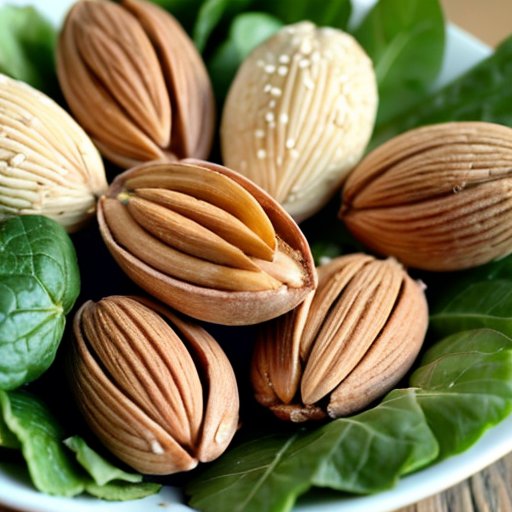 Чаша жареного миндаля с зеленью и яркими фруктами на фоне здорового перекуса.