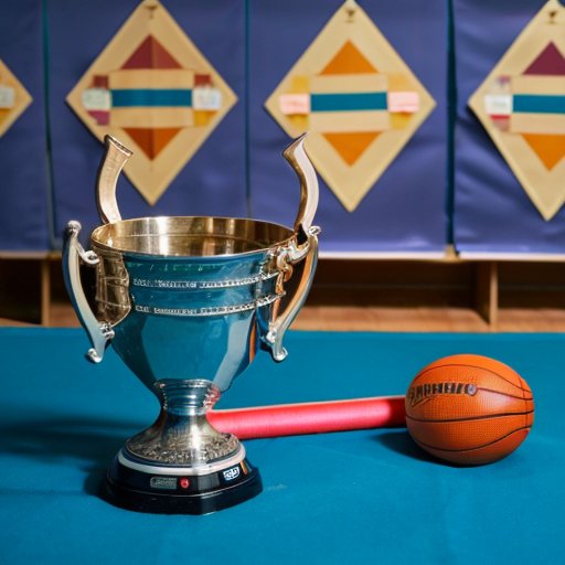 Трофей, окружённый спортивным инвентарём и художественными принадлежностями, символизирующий достижения женщин в спорте и искусстве.