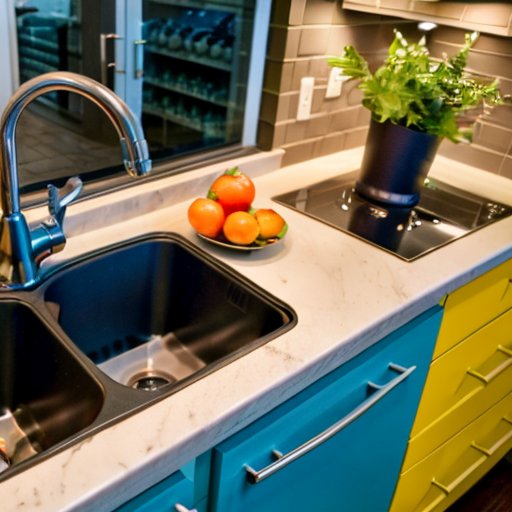 Современная кухня с яркими фруктами, овощами и контейнерами для еды, на фоне мотивационной цитаты о здоровье.