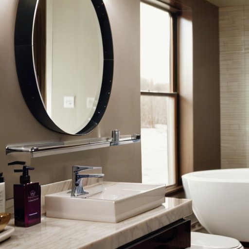 Современная ванная комната с бритвой, косметикой и мягким освещением.