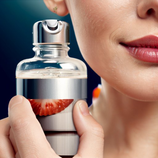 Здоровая кожа, фрукты и бутылка воды на фоне, символизирующие молодость и заботу о себе.