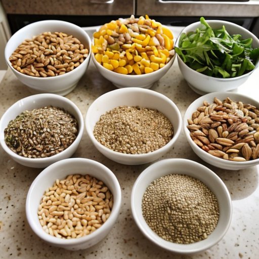 Организованная кухня с полезными ингредиентами для наращивания мышц: постное мясо, овощи, цельные злаки, орехи и семена, с весами и мерными чашками. На