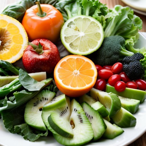 Здоровая тарелка с высококлетчатыми продуктами на фоне яркой кухни.