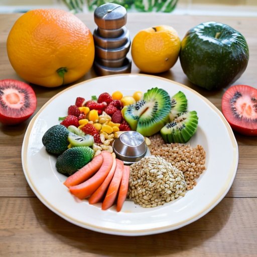 Здоровая сбалансированная тарелка с яркими фруктами, овощами, нежирными белками и цельнозерновыми продуктами, с бутылкой воды и гантелями на фоне.