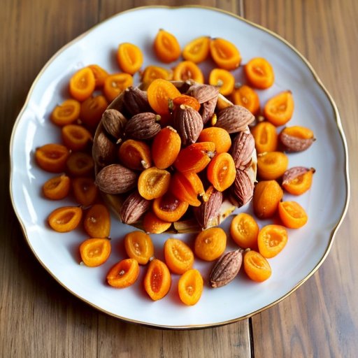 Яркая тарелка с сушеными абрикосами, орехами, семенами и свежими фруктами на фоне весов и зелени, символизирующая здоровое питание.