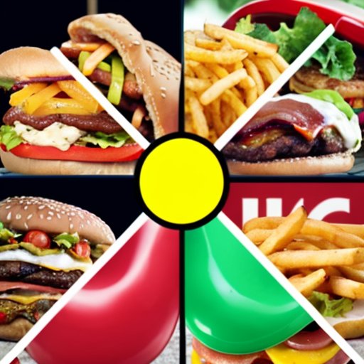 Фастфуд на весах: вредные продукты с одной стороны и фрукты с овощами с другой, символизируя сбалансированное питание.