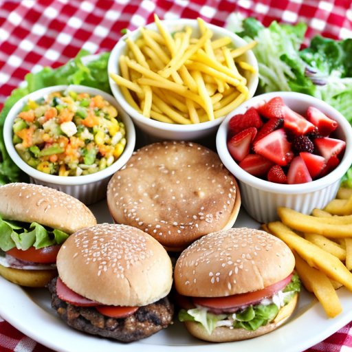 Яркий фаст-фуд с бургером, салатом, низкокалорийным напитком и фруктами на столе.