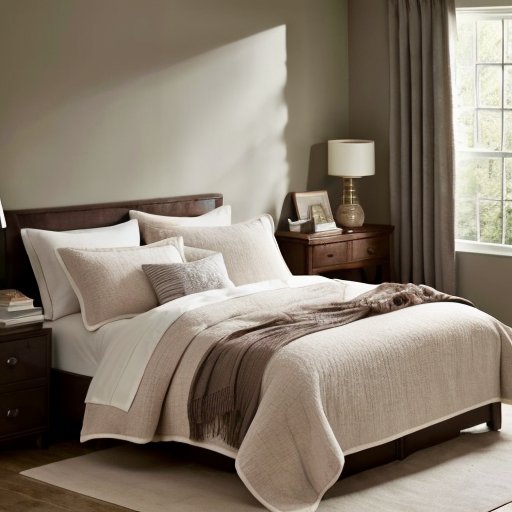 Уютная спальня с аккуратно заправленной кроватью, прикроватной тумбочкой и мягким светом.