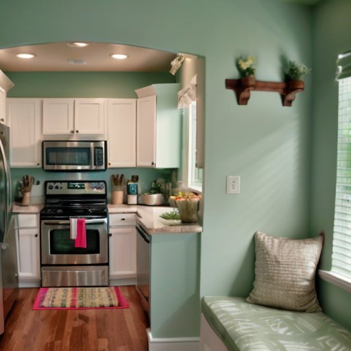 Уютная кухня с фруктами и овощами, медитационная зона и доска вдохновения для здоровья.