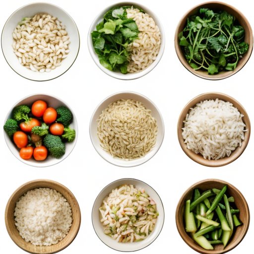 Разнообразие риса с овощами и мерными чашками на фоне здорового образа жизни.