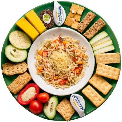 Уравновешенная тарелка с сырами, овощами и цельнозерновыми крекерами, символы контроля порций и управления весом.